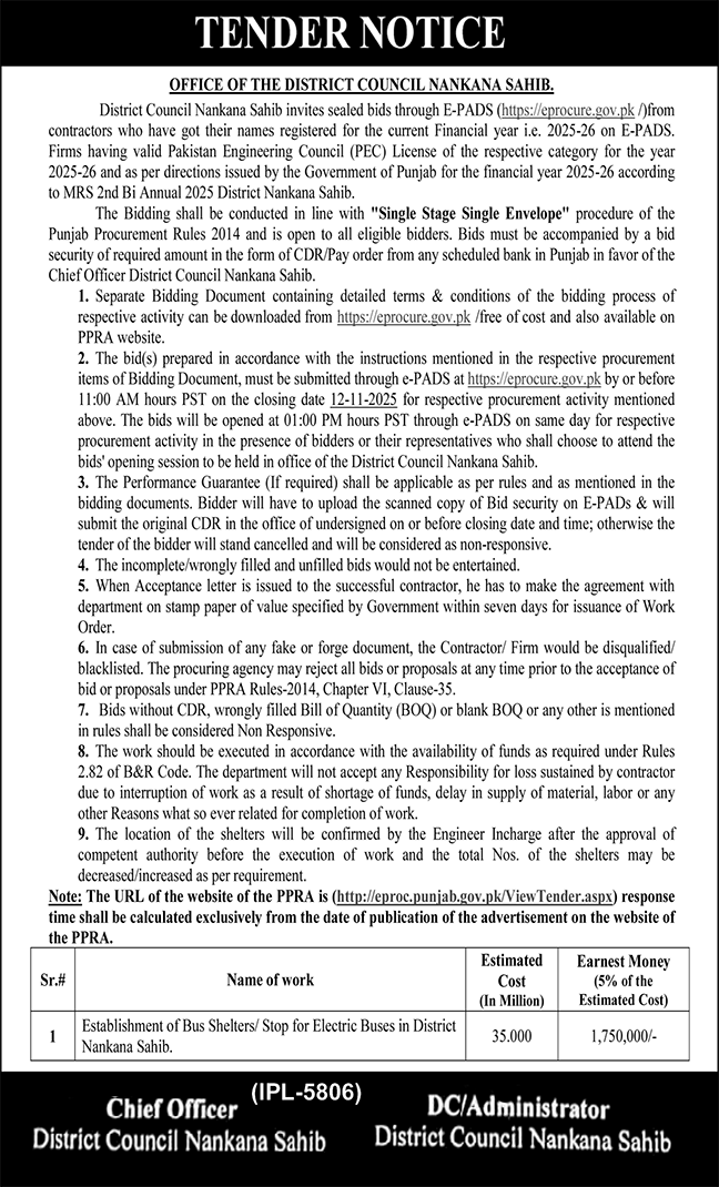 District Council Nankana Sahib Tender Notice